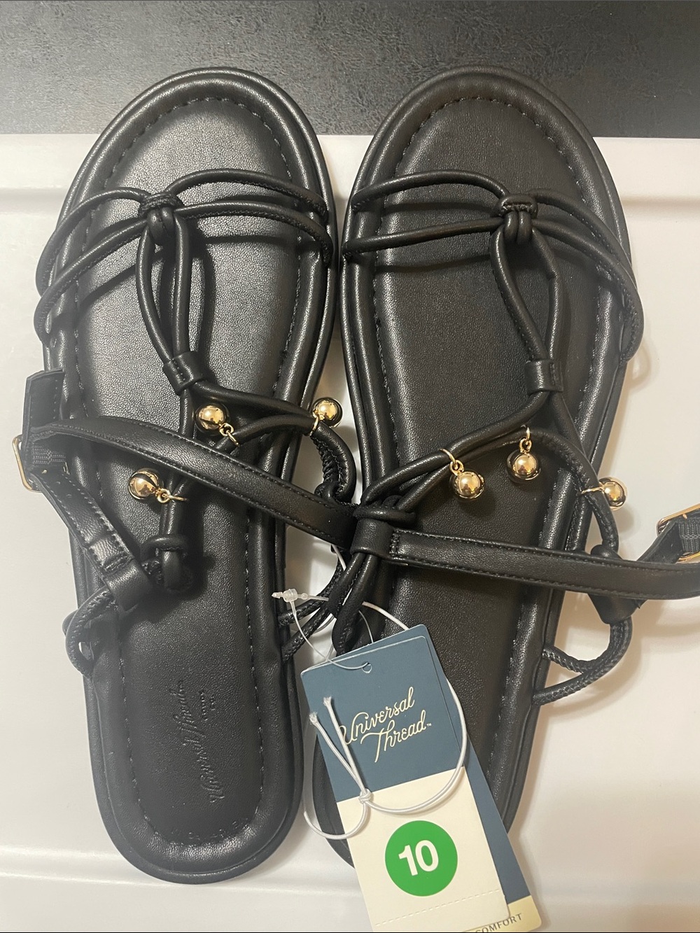 Universal Thread Black Hadley  Strappy Sandals with Gold Bead Accents Sz. 10 NWT